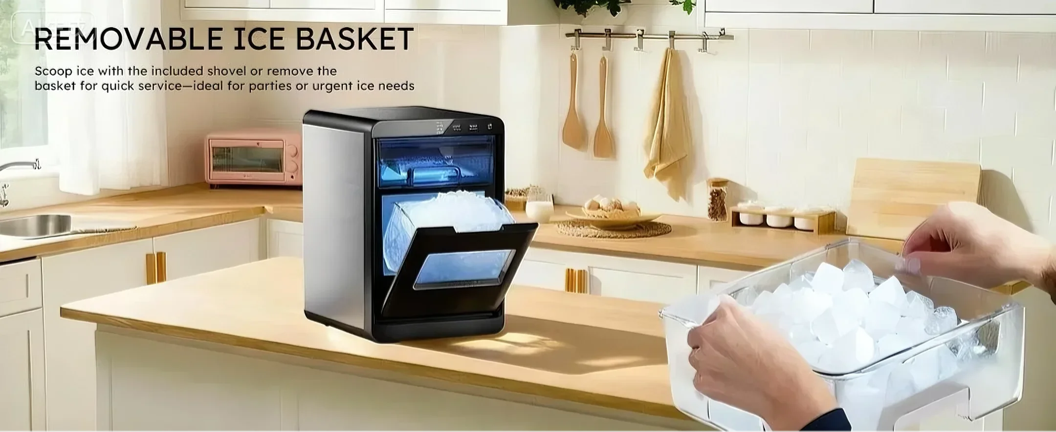 Nugget Ice Maker Countertop 44bs/24H Self-Cleaning Chewable Pellet Ice Machine with Ice Scoop & Basket for Home/Kitchen/Party