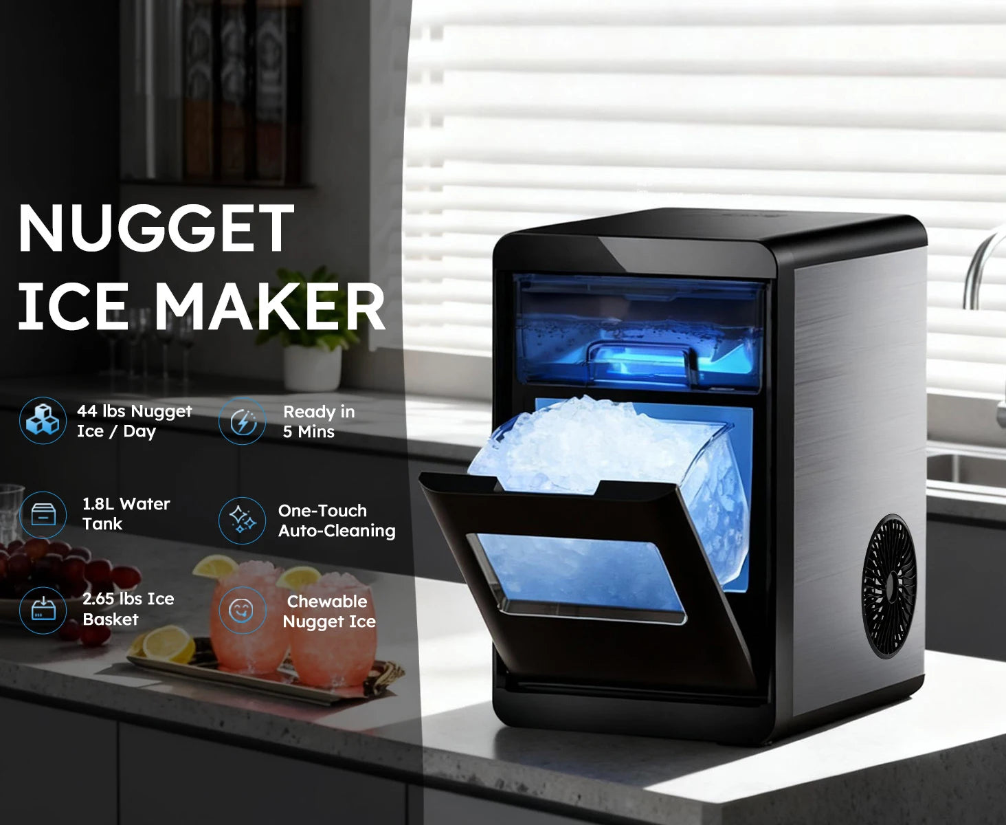 Nugget Ice Maker Countertop 44bs/24H Self-Cleaning Chewable Pellet Ice Machine with Ice Scoop & Basket for Home/Kitchen/Party