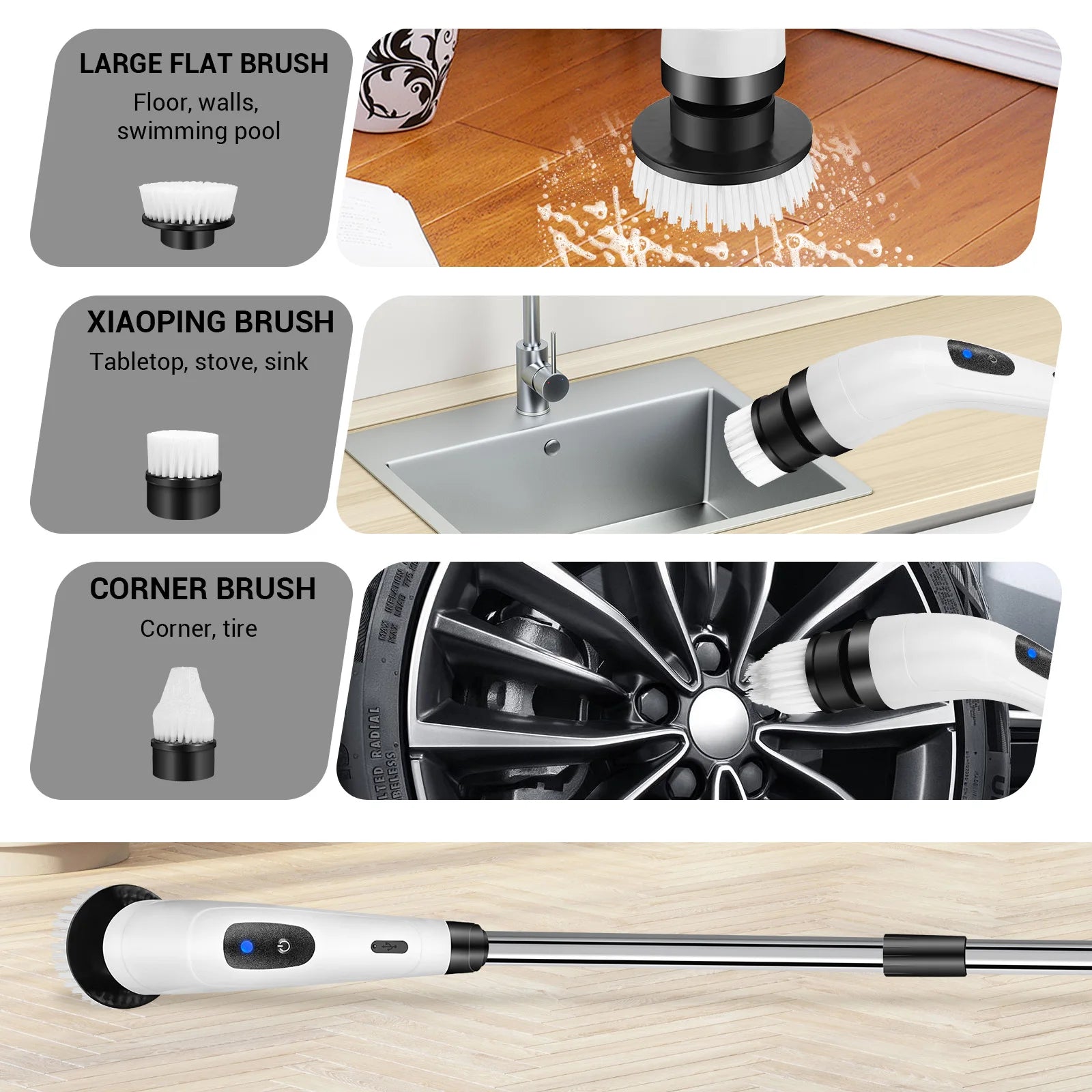 BRIEFNESS Cordless Electric Spin Scrubber, Waterproof, 2 Speeds, Telescopic Handle, 7 Brush Heads, for Floor Tile Car, USB