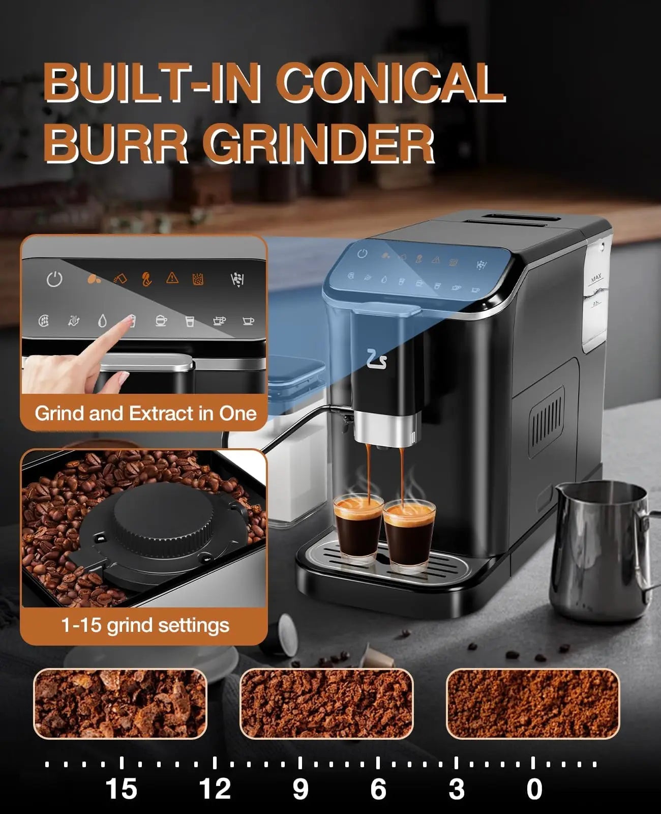 20-Bar Espresso Maker With Bean Grinder Professional Coffee Machine With Milk Frother & 1.5l Water Tank For Coffee Lovers