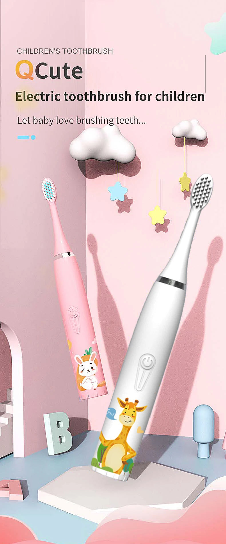 Kids Cartoon Electric Toothbrush Sonic Electric Toothbrushes for Children with 5 Replacement Heads Battery Children's Toothbrush