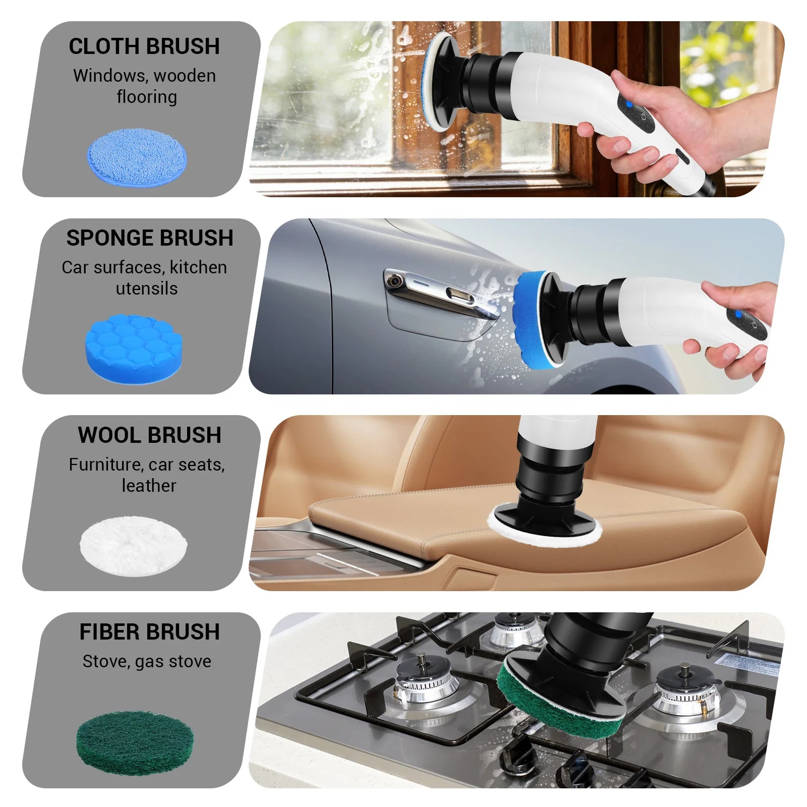 BRIEFNESS Cordless Electric Spin Scrubber, Waterproof, 2 Speeds, Telescopic Handle, 7 Brush Heads, for Floor Tile Car, USB