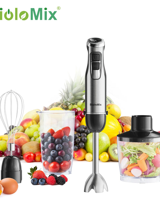 BioloMix 4 in 1 High Power 1200W Immersion Hand Stick Blender Mixer Includes Chopper and Smoothie Cup Stainless Steel Ice Blades