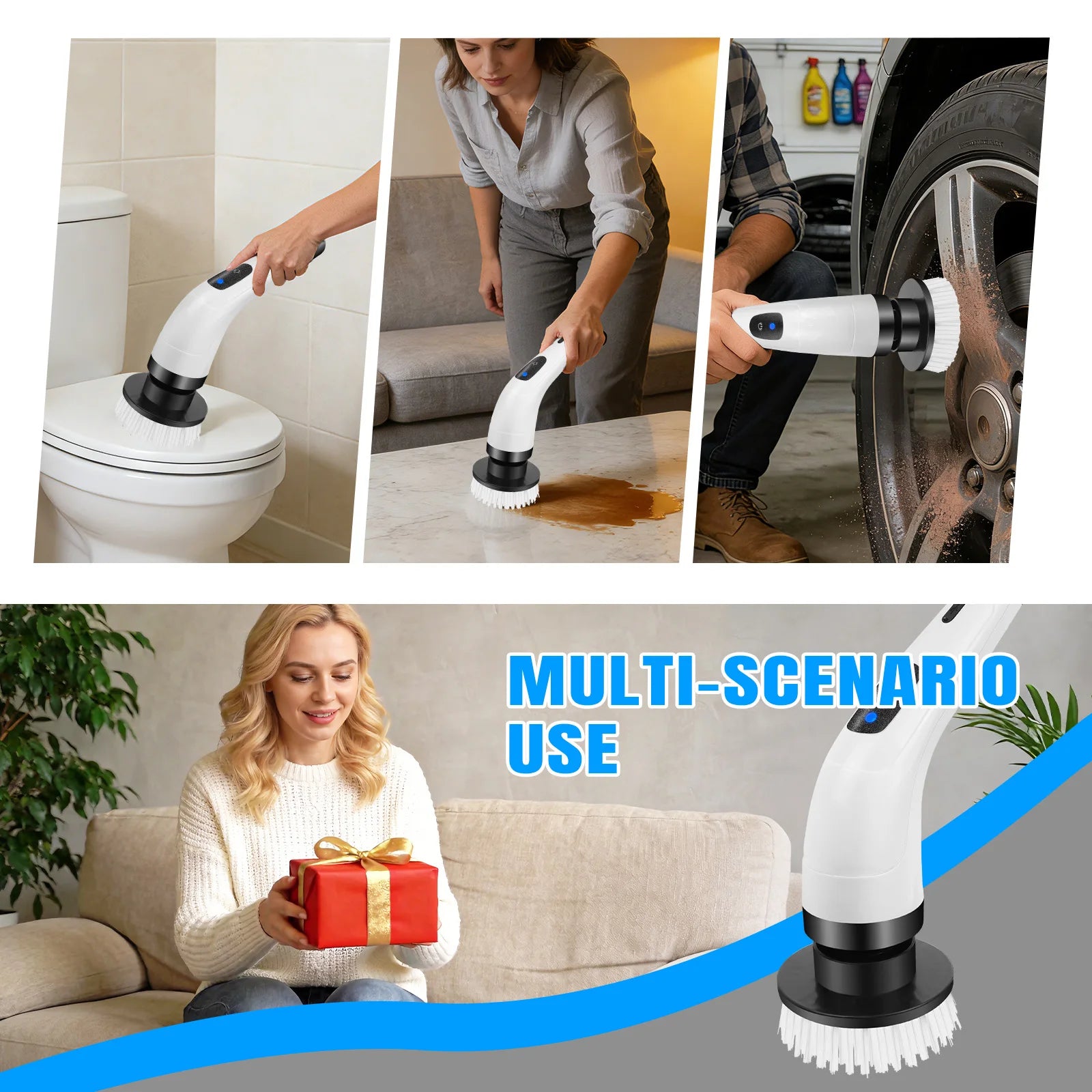 BRIEFNESS Cordless Electric Spin Scrubber, Waterproof, 2 Speeds, Telescopic Handle, 7 Brush Heads, for Floor Tile Car, USB
