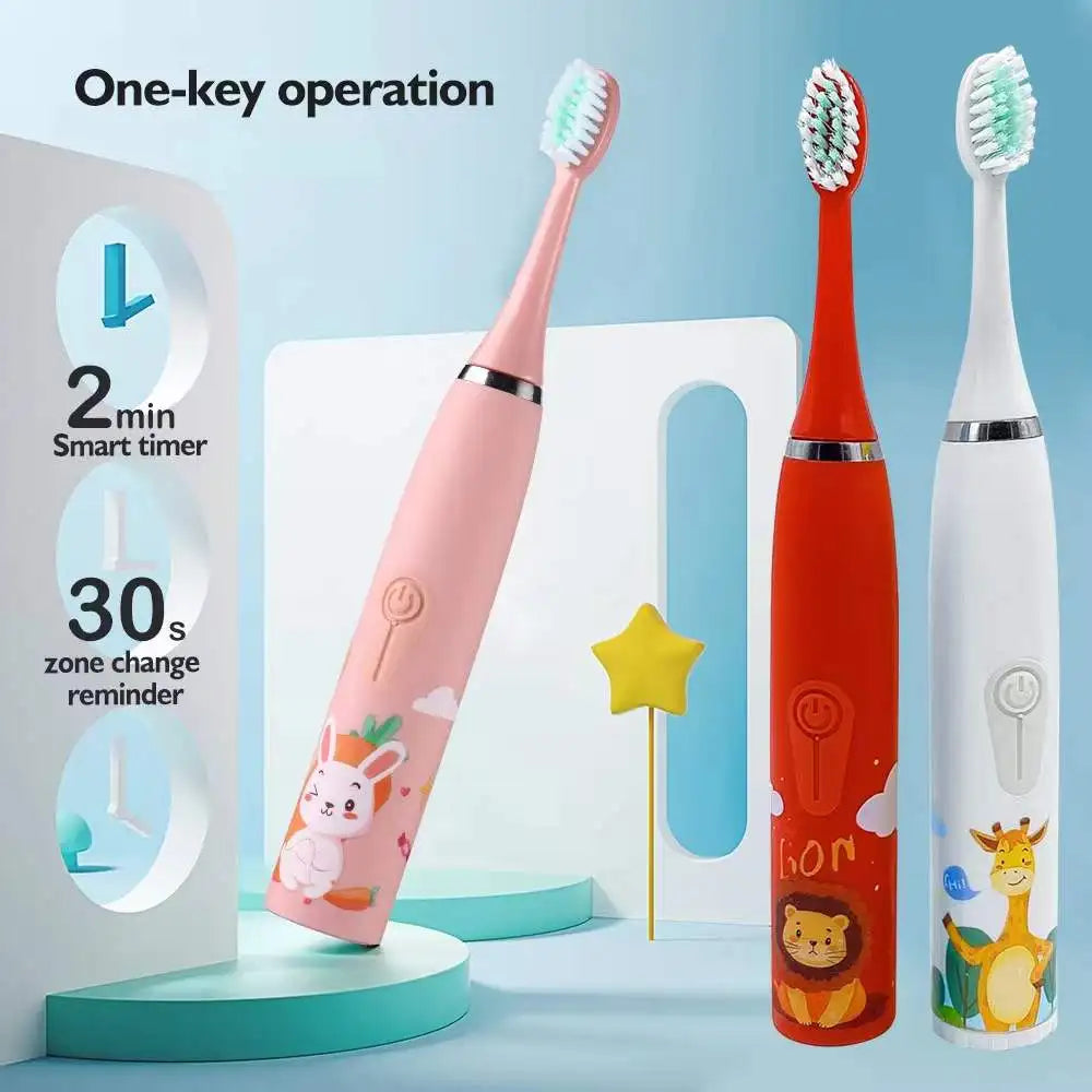 Kids Cartoon Electric Toothbrush Sonic Electric Toothbrushes for Children with 5 Replacement Heads Battery Children's Toothbrush