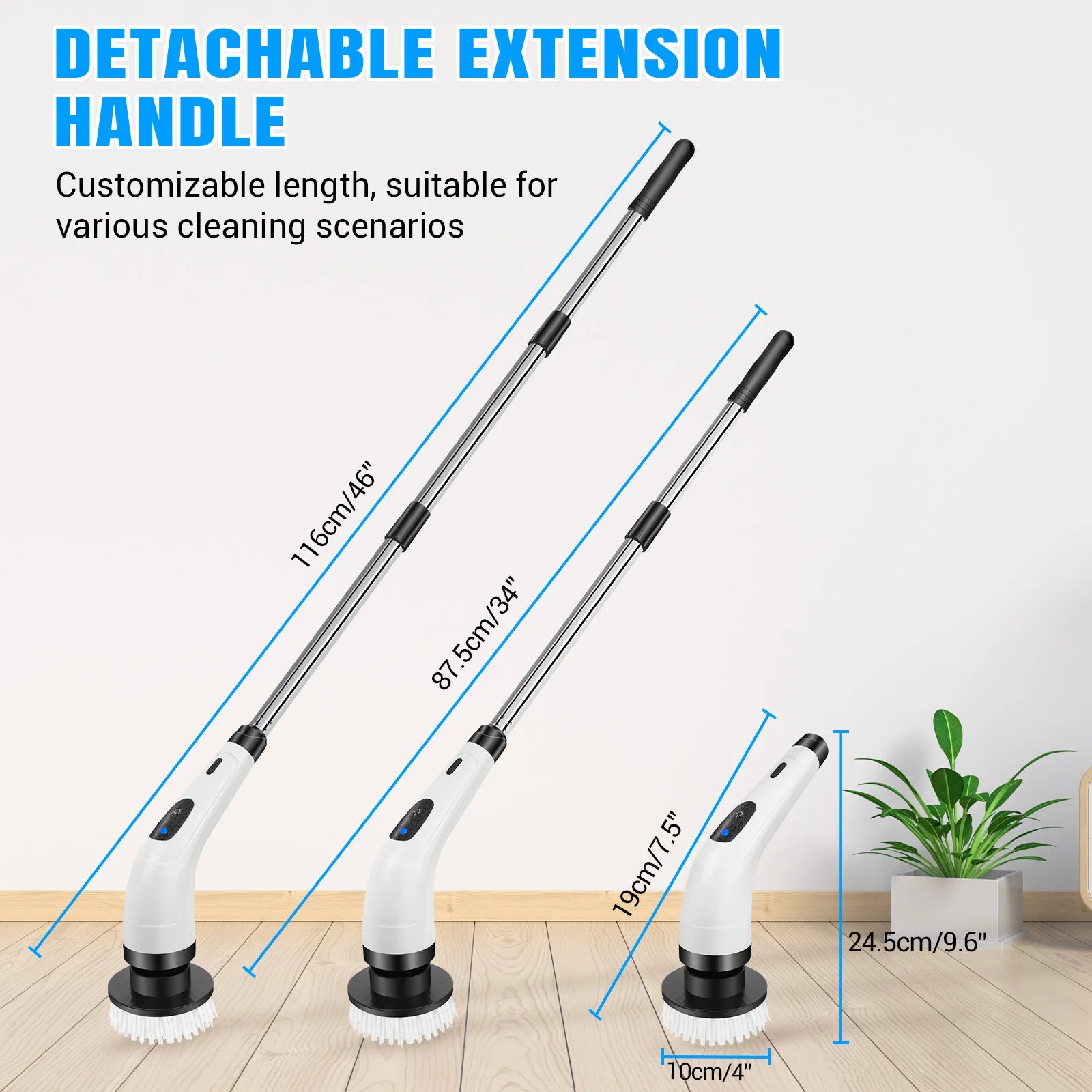 BRIEFNESS Cordless Electric Spin Scrubber, Waterproof, 2 Speeds, Telescopic Handle, 7 Brush Heads, for Floor Tile Car, USB