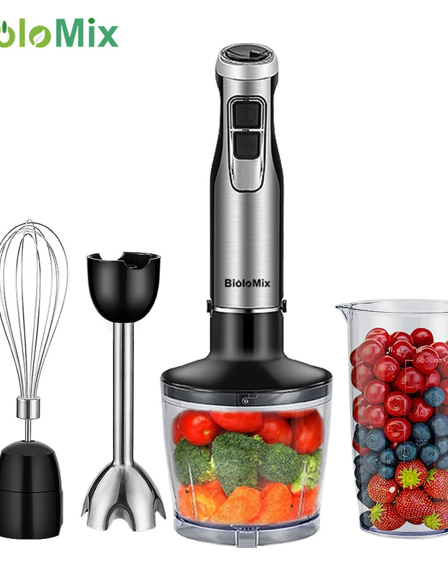 BioloMix 4 in 1 High Power 1200W Immersion Hand Stick Blender Mixer Includes Chopper and Smoothie Cup Stainless Steel Ice Blades