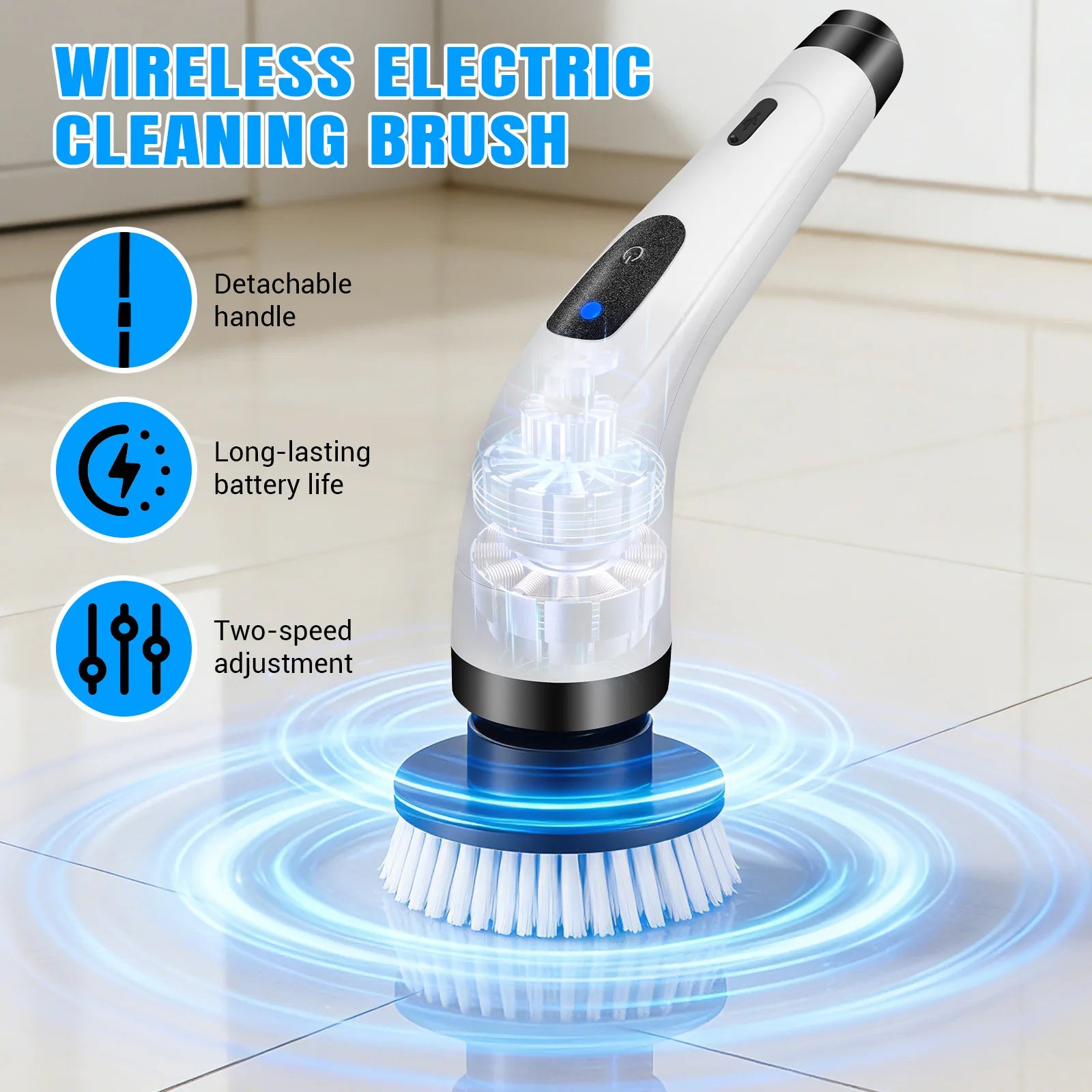 BRIEFNESS Cordless Electric Spin Scrubber, Waterproof, 2 Speeds, Telescopic Handle, 7 Brush Heads, for Floor Tile Car, USB