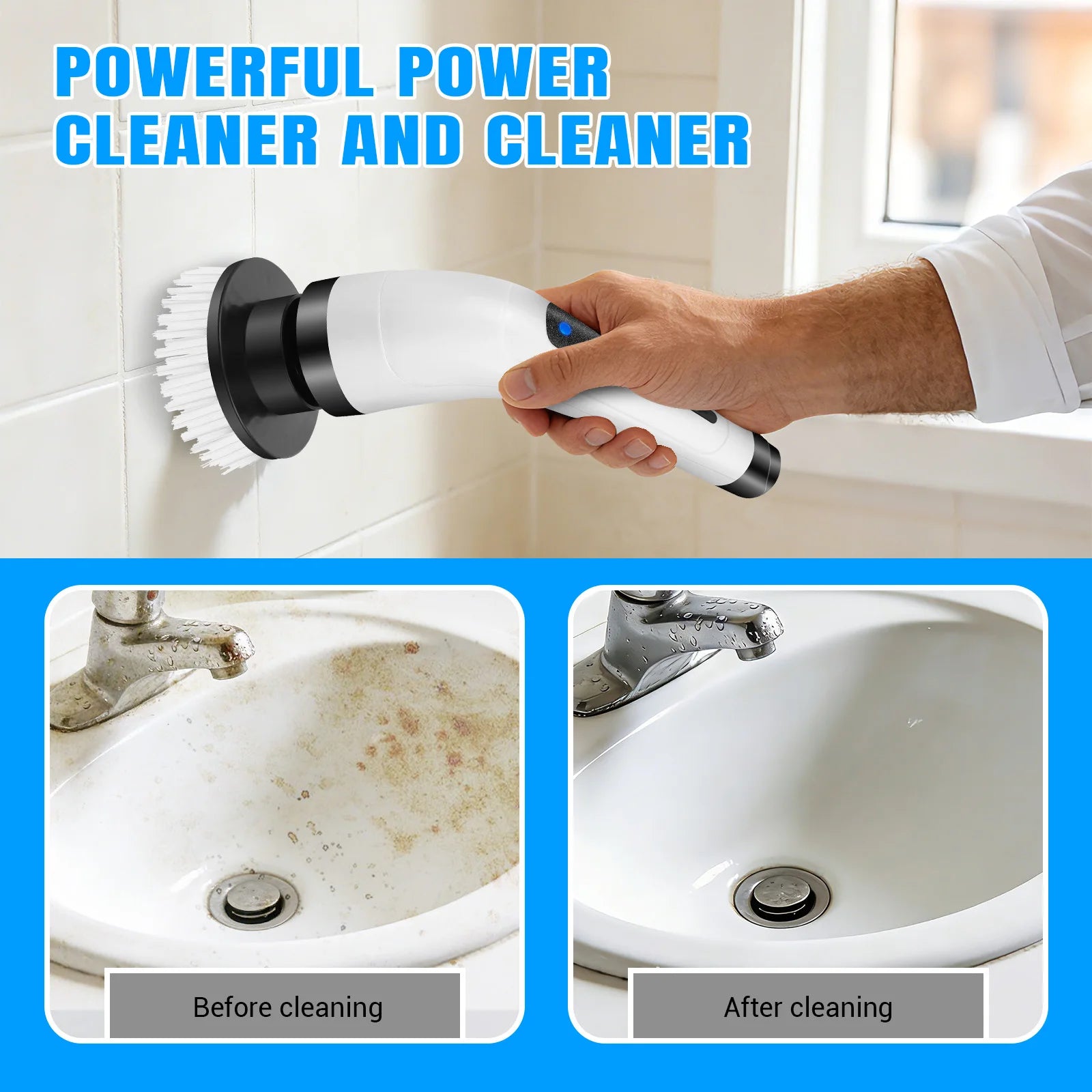 BRIEFNESS Cordless Electric Spin Scrubber, Waterproof, 2 Speeds, Telescopic Handle, 7 Brush Heads, for Floor Tile Car, USB