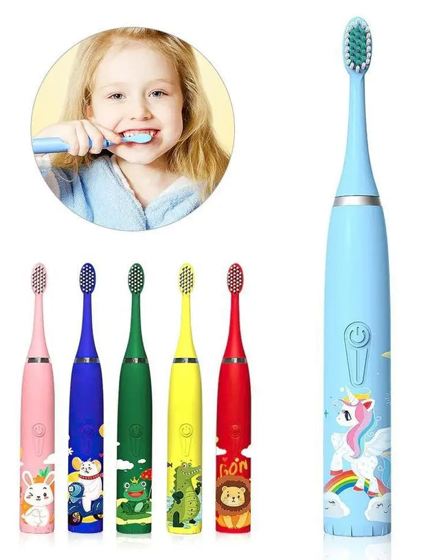 Kids Cartoon Electric Toothbrush Sonic Electric Toothbrushes for Children with 5 Replacement Heads Battery Children's Toothbrush