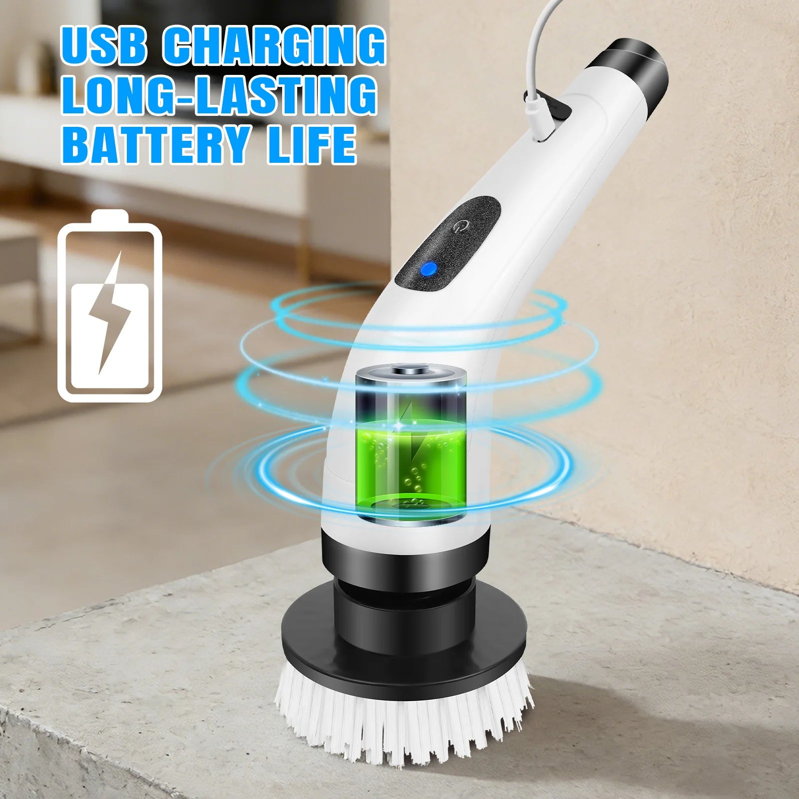 BRIEFNESS Cordless Electric Spin Scrubber, Waterproof, 2 Speeds, Telescopic Handle, 7 Brush Heads, for Floor Tile Car, USB