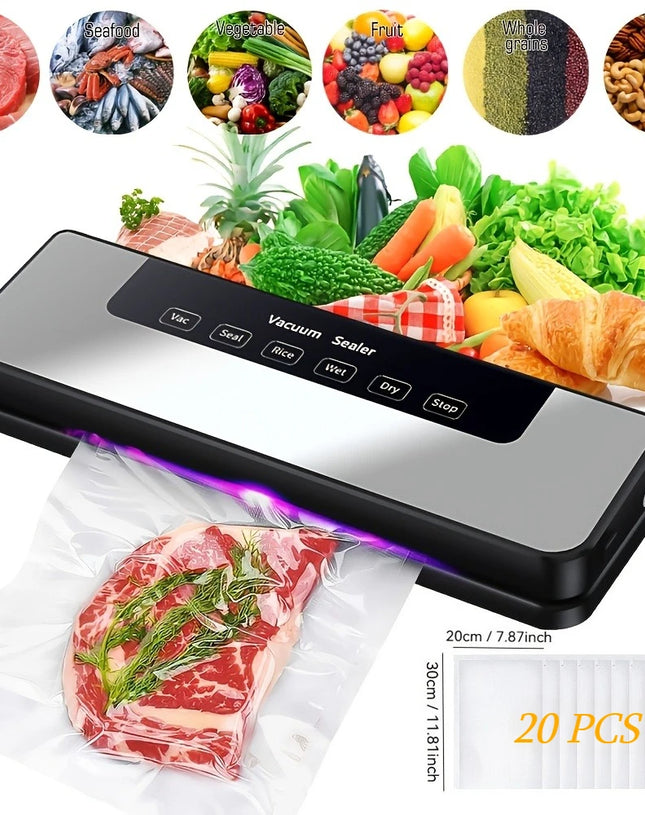 65Kpa Food Vacuum Sealer Machine with 20 Free Bags, Stainless Steel 6-in-1 Sealing, Dry/Wet Mode for Food Storage, Grey