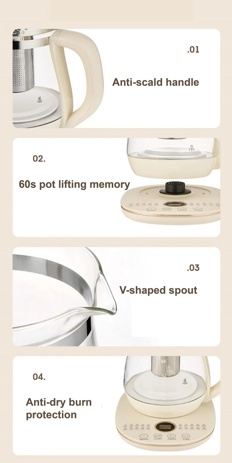 220V Health Pot Household Multifunctional Glass Electric Kettle Flower Teapot Tea Pot 1.8L
