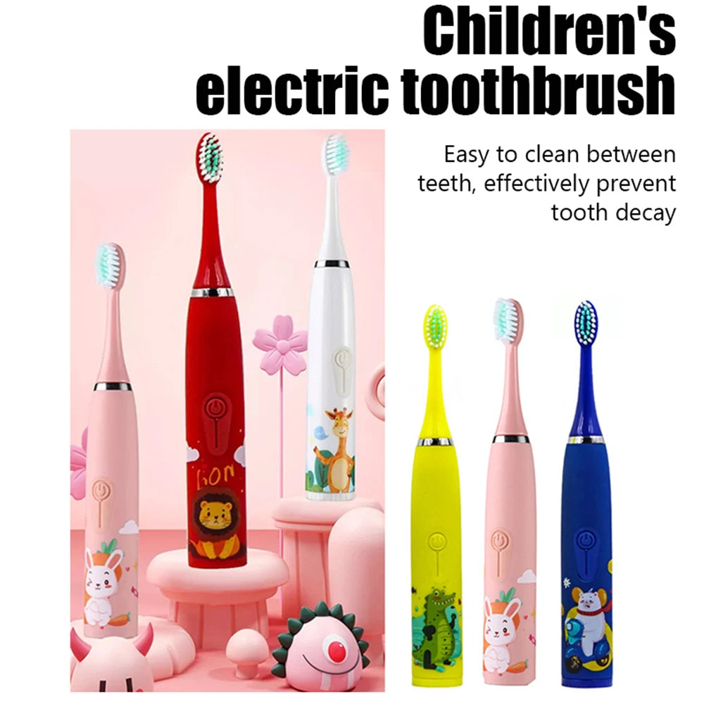 Kids Cartoon Electric Toothbrush Sonic Electric Toothbrushes for Children with 5 Replacement Heads Battery Children's Toothbrush